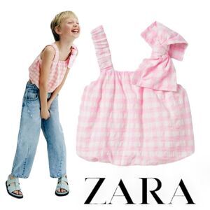 ZARA Kids | Pink | ASYMMETRICAL TEXTURED GINGHAM TOP WITH BOW